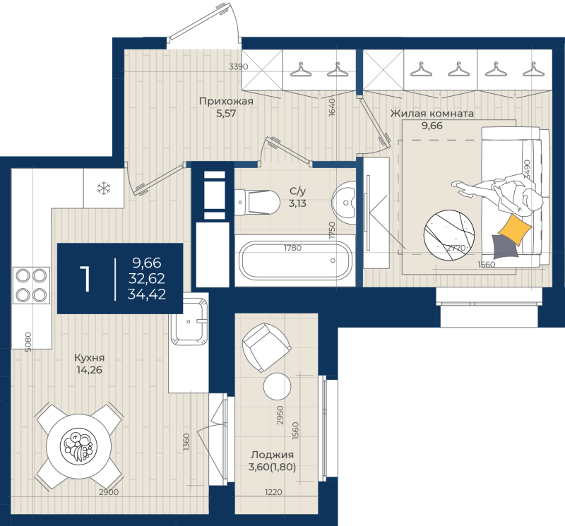 1 ккв 34,4 м²