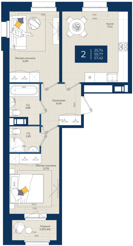3 ккв (Евро) 57,4 м²