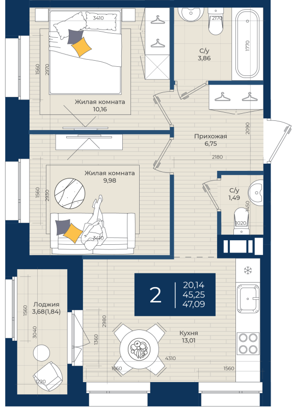2 ккв 47,1 м²