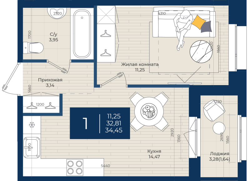1 ккв 34,5 м²