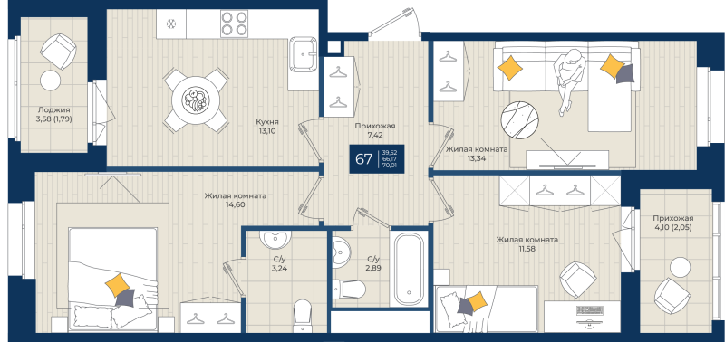 3 ккв 70 м²