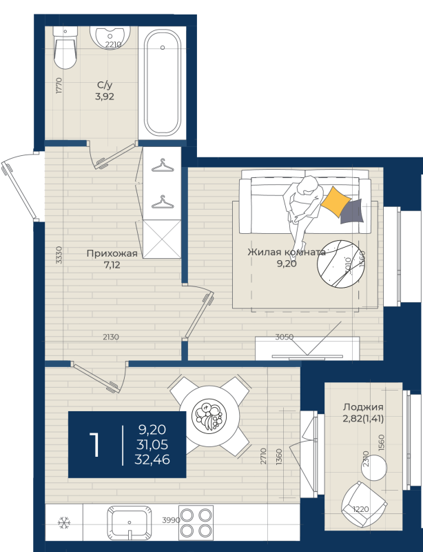 1 ккв 32,5 м²