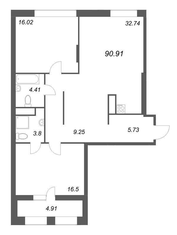 3 ккв (Евро) 90,9 м²