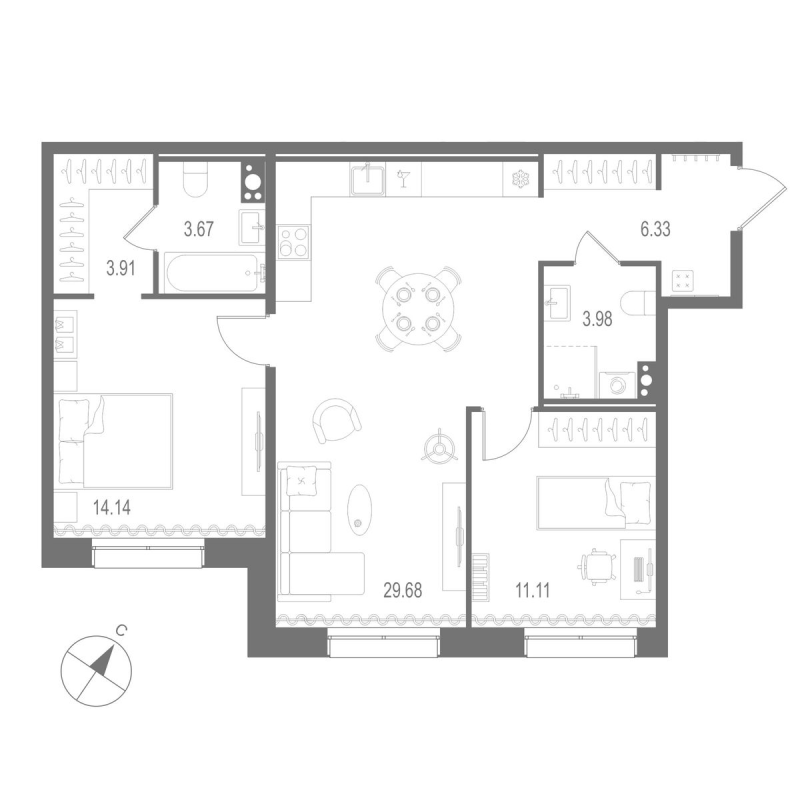 3 ккв (Евро) 72,8 м²