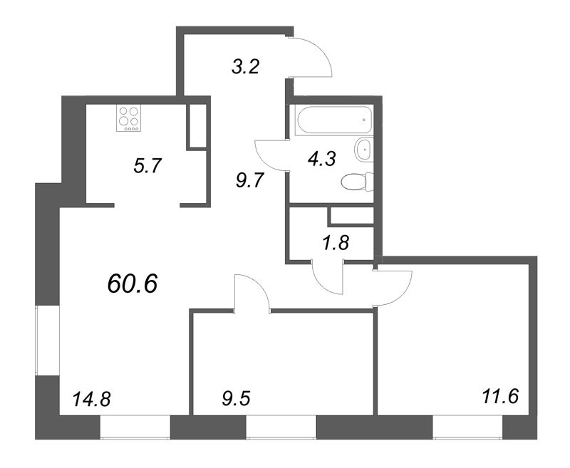 3 ккв (Евро) 59,9 м²