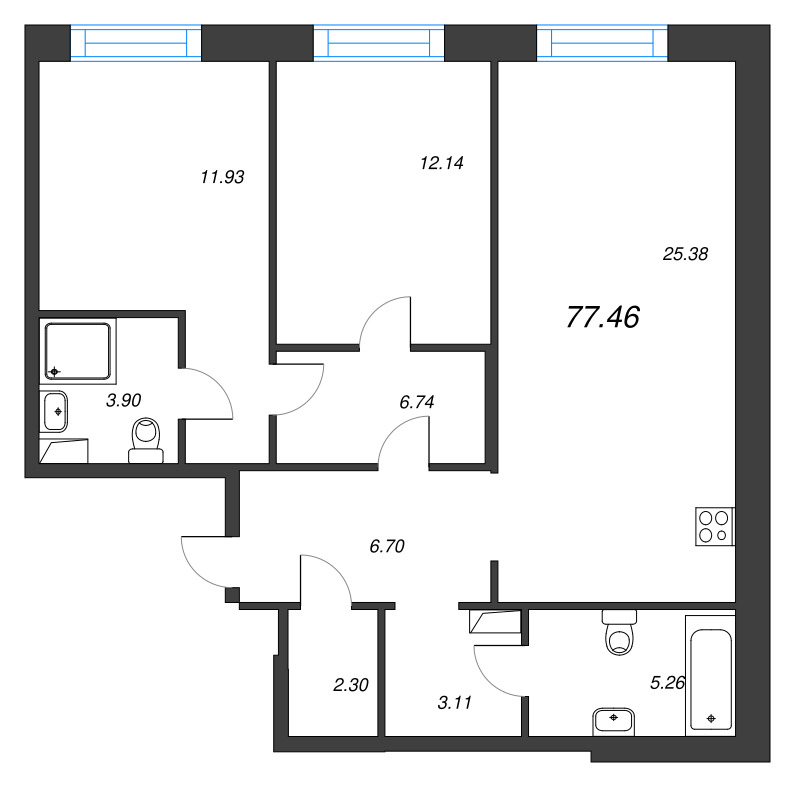 3 ккв (Евро) 77,4 м²