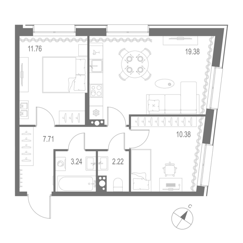 3 ккв (Евро) 54,7 м²