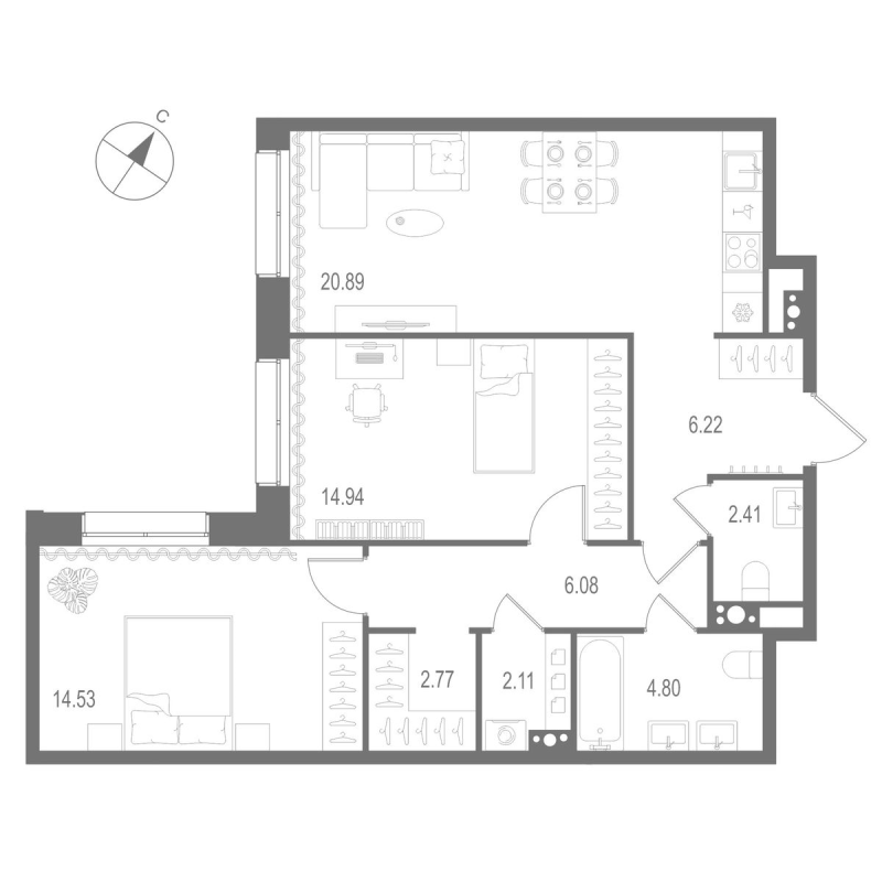 3 ккв (Евро) 74,8 м²