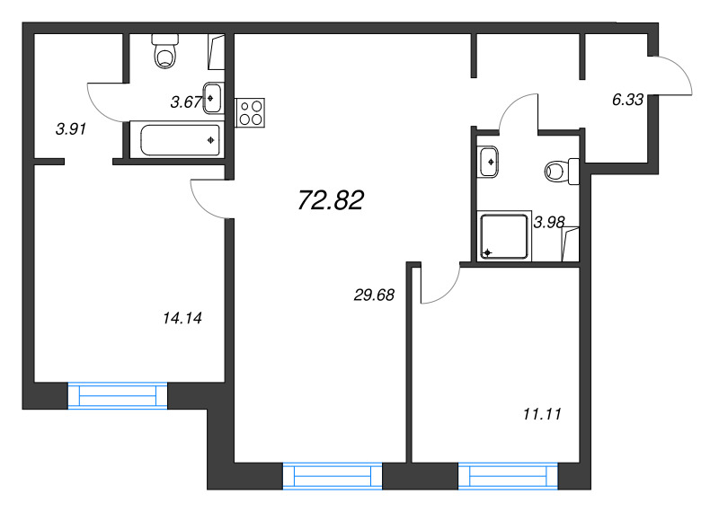 3 ккв (Евро) 72,8 м²