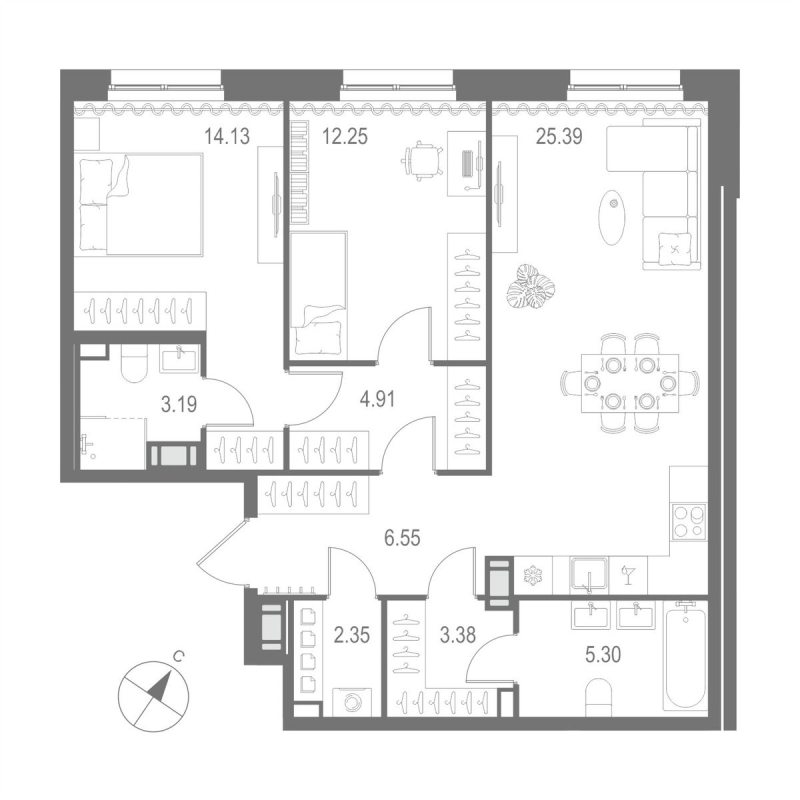 3 ккв (Евро) 77,4 м²