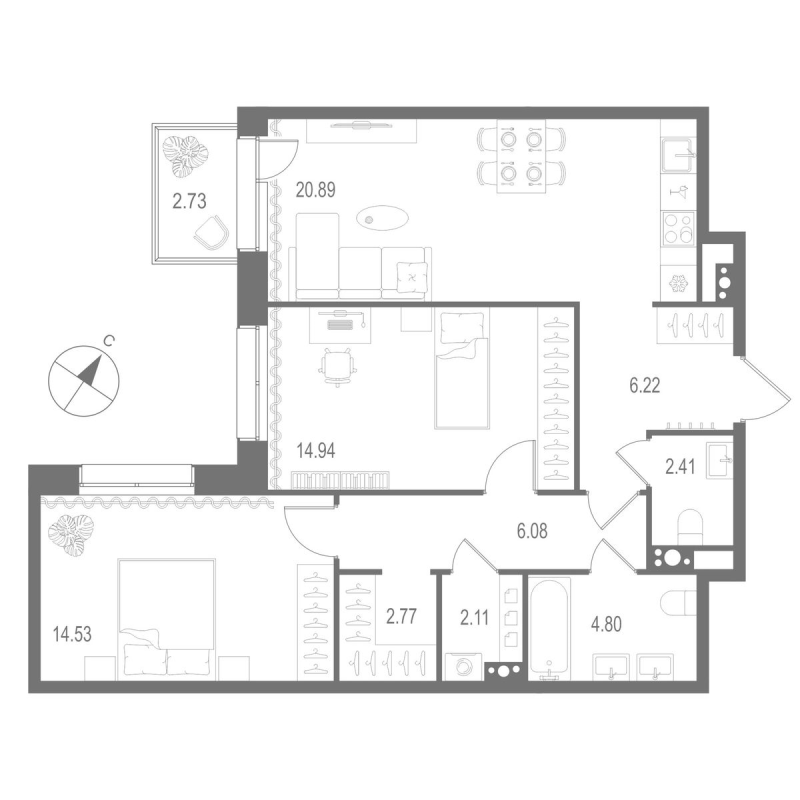 3 ккв (Евро) 74,8 м²