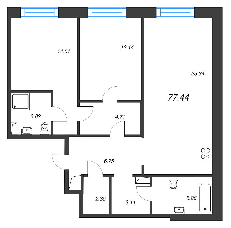 3 ккв (Евро) 77,4 м²
