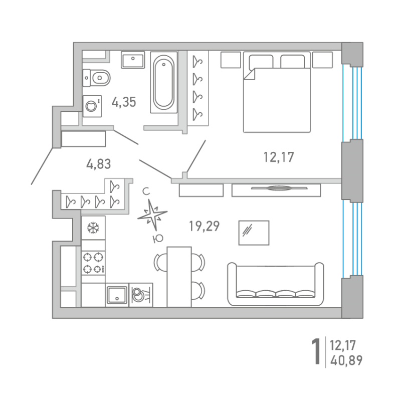 Планировка: 2 ккв (Евро), 40,9 м², 18 223 423 ₽