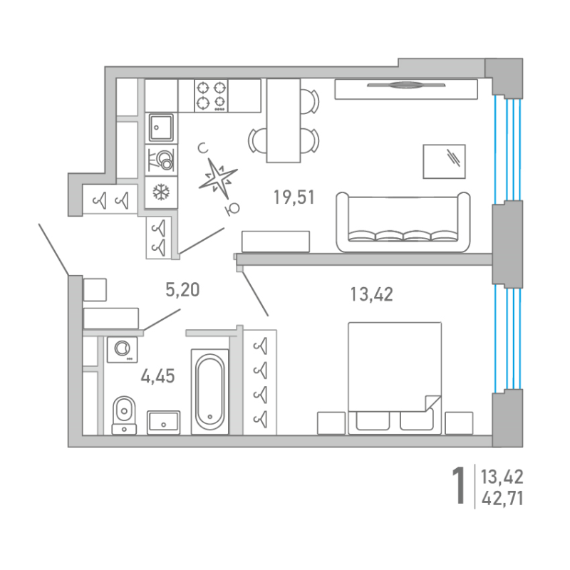 Планировка: 2 ккв (Евро), 42,7 м², 18 680 900 ₽
