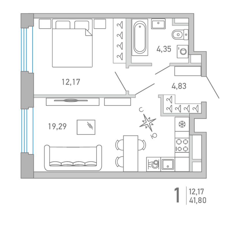 Планировка: 2 ккв (Евро), 41,8 м², 17 931 260 ₽