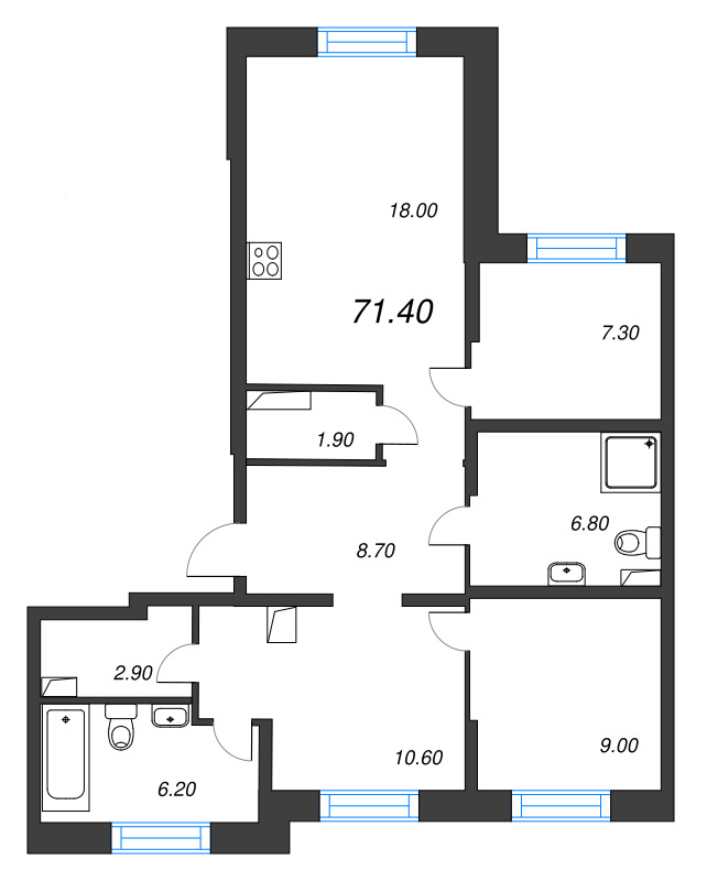 3 ккв (Евро) 71 м²