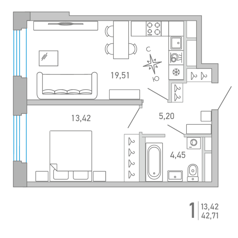 Планировка: 2 ккв (Евро), 42,7 м², 18 765 079 ₽