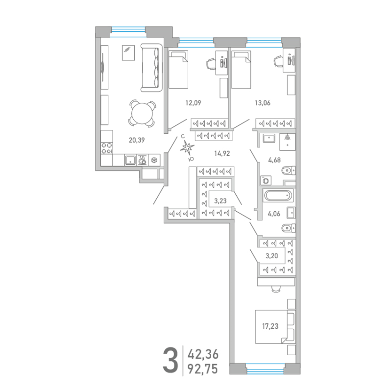 4 ккв (Евро) 92,7 м²