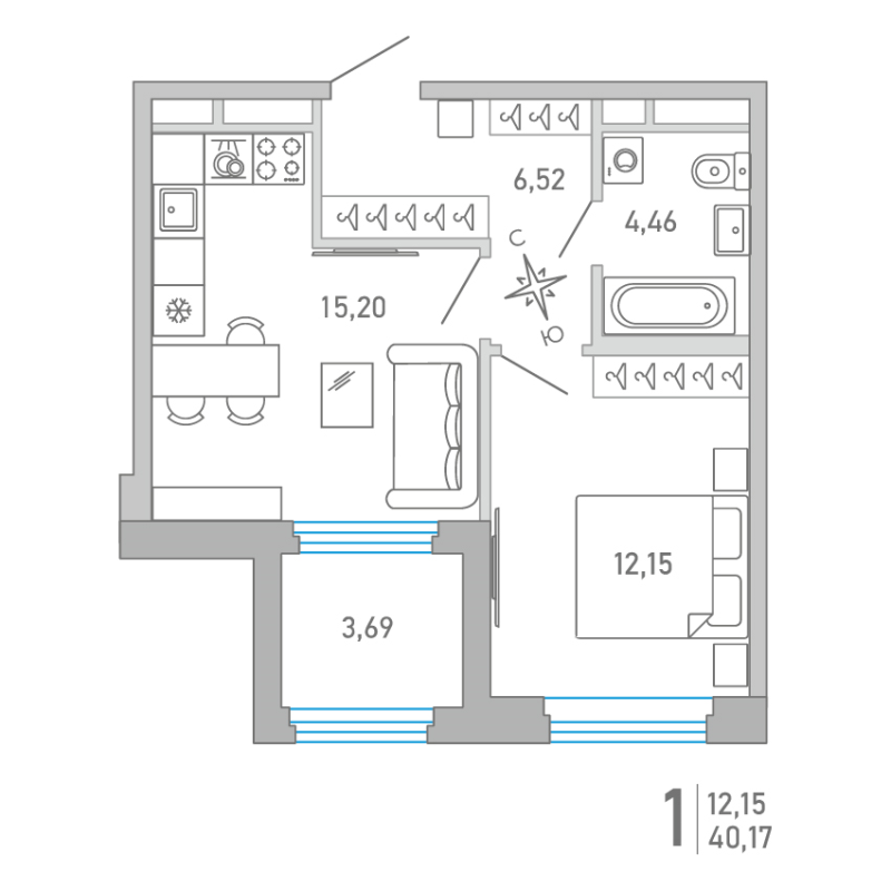 Планировка: 2 ккв (Евро), 40,2 м², 17 225 435 ₽
