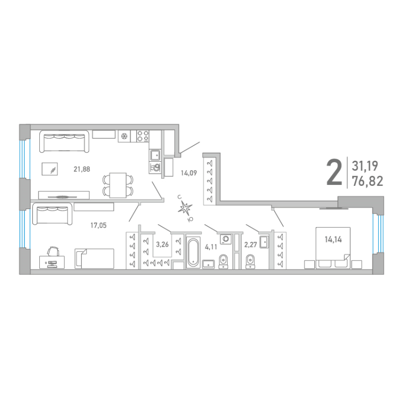 3 ккв (Евро) 77,1 м²