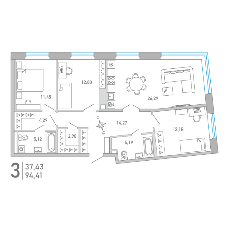 4 ккв (Евро) 94,3 м²