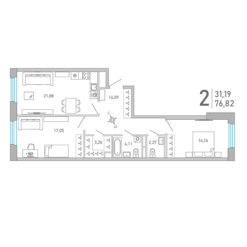 3 ккв (Евро) 76,8 м²