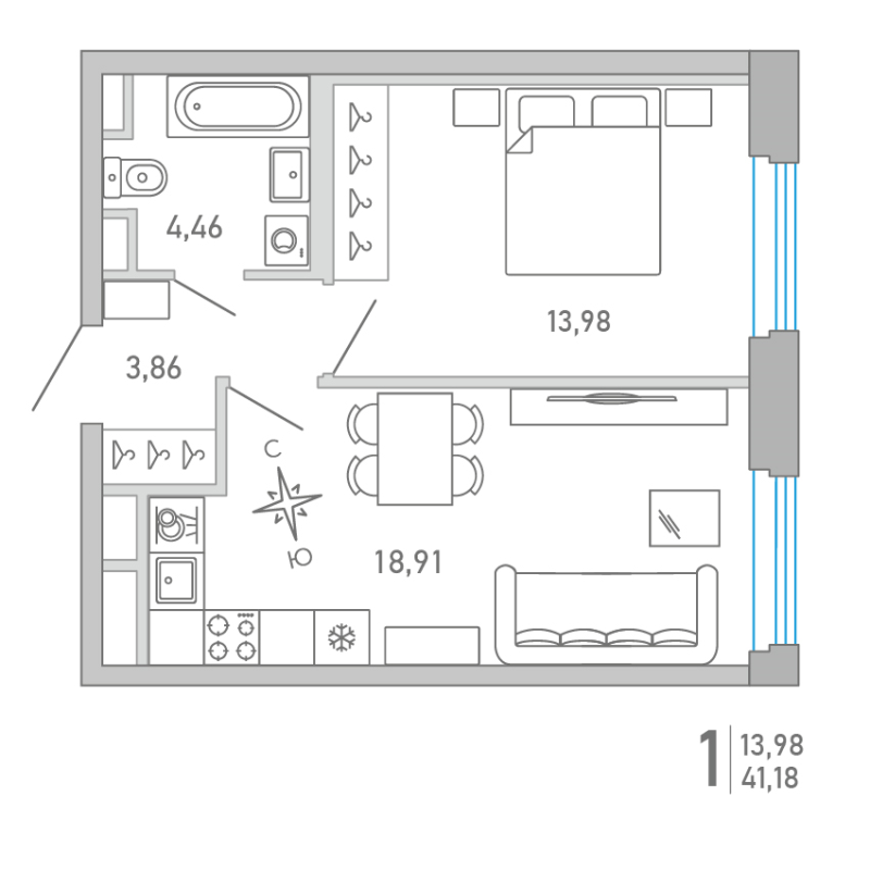 Планировка: 2 ккв (Евро), 41,2 м², 18 841 813 ₽