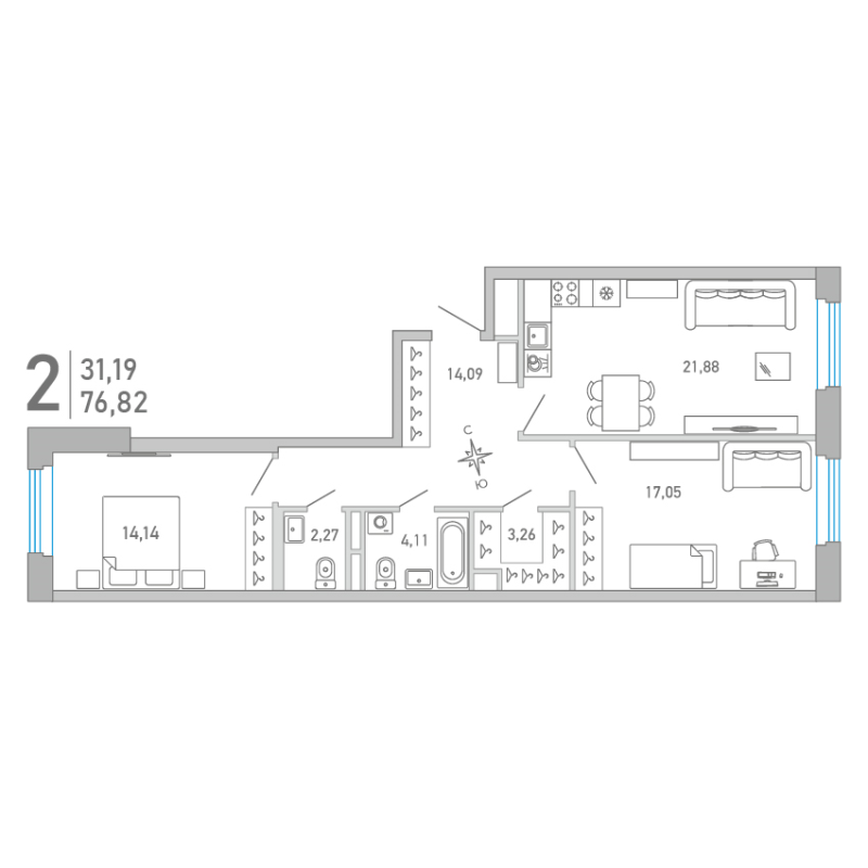 3 ккв (Евро) 77,1 м²
