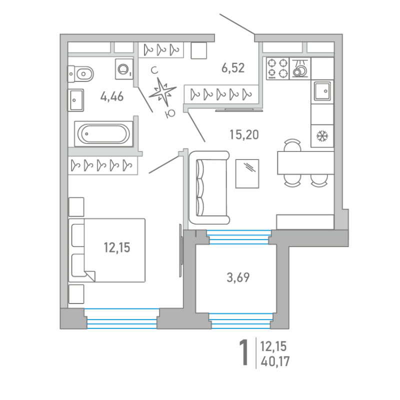 Планировка: 2 ккв (Евро), 40,2 м², 17 378 250 ₽