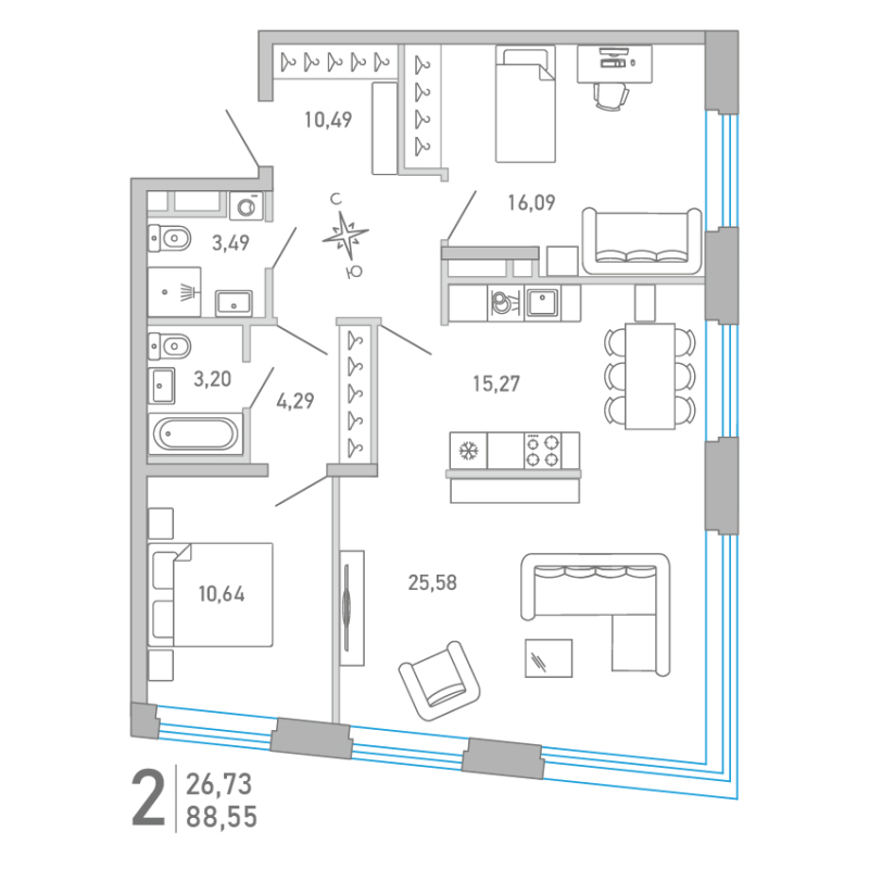 3 ккв (Евро) 88,6 м²