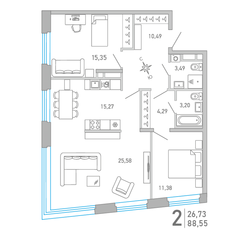 3 ккв (Евро) 88,6 м²