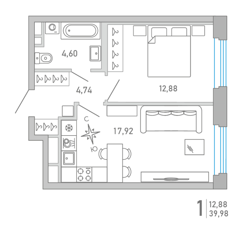 Планировка: 2 ккв (Евро), 40 м², 18 083 485 ₽