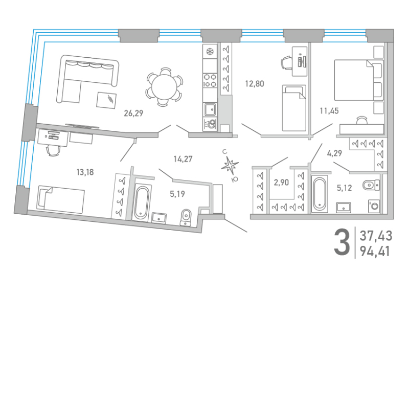 4 ккв (Евро) 94,3 м²