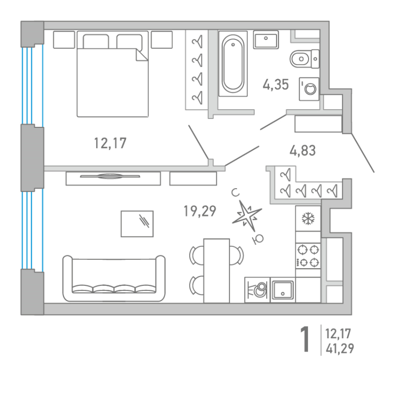 Планировка: 2 ккв (Евро), 41,3 м², 19 481 258 ₽