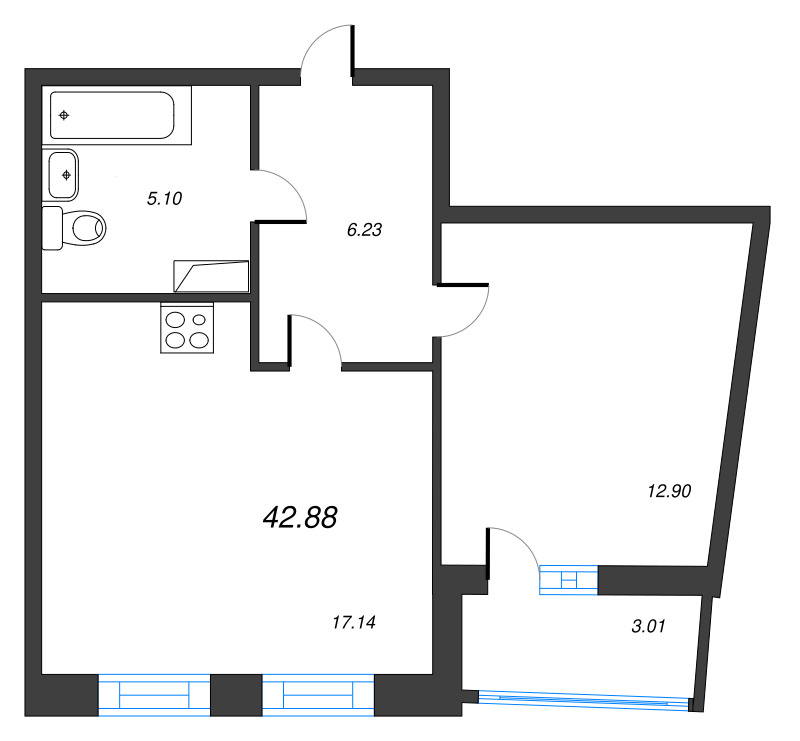 2 ккв (Евро) 42,9 м²