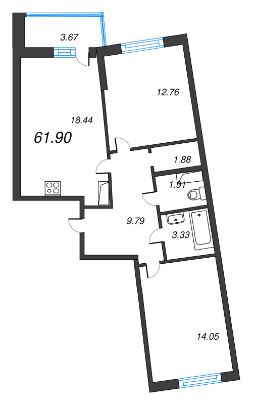 3 ккв (Евро) 61,9 м²