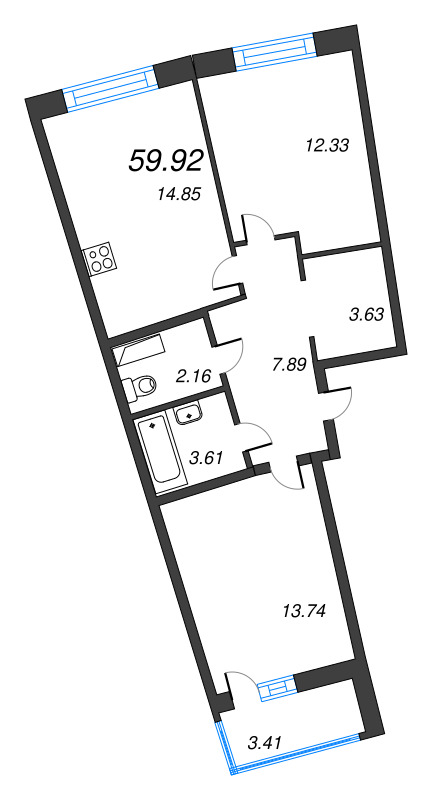 3 ккв (Евро) 59,9 м²