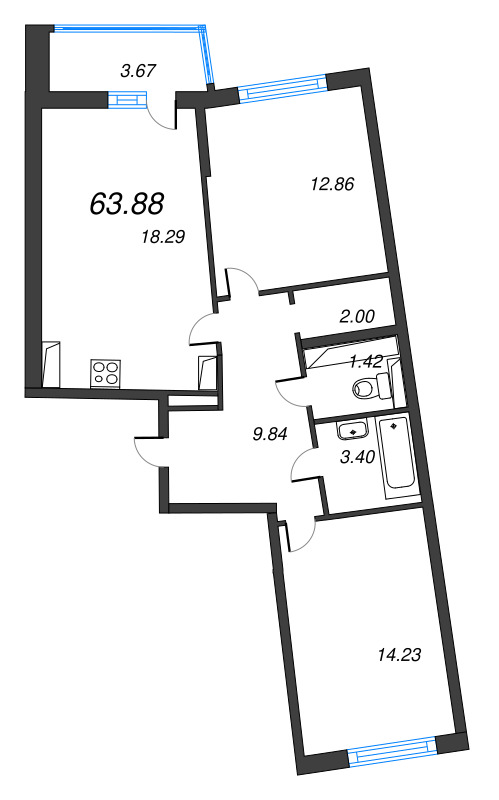 3 ккв (Евро) 63,9 м²