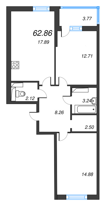 3 ккв (Евро) 62,9 м²