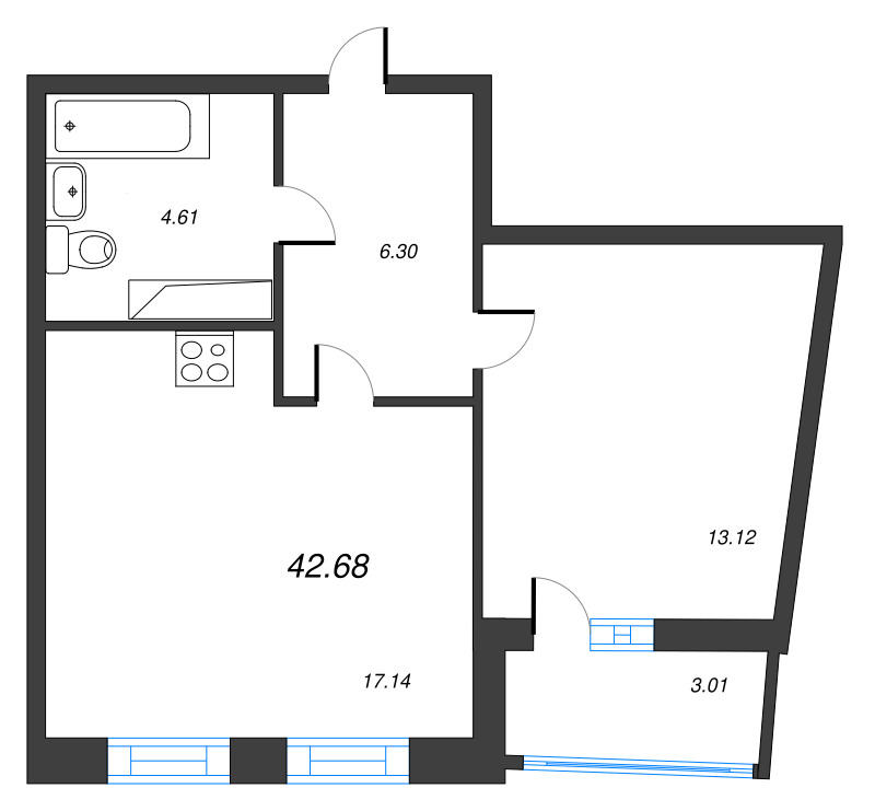 2 ккв (Евро) 42,7 м²
