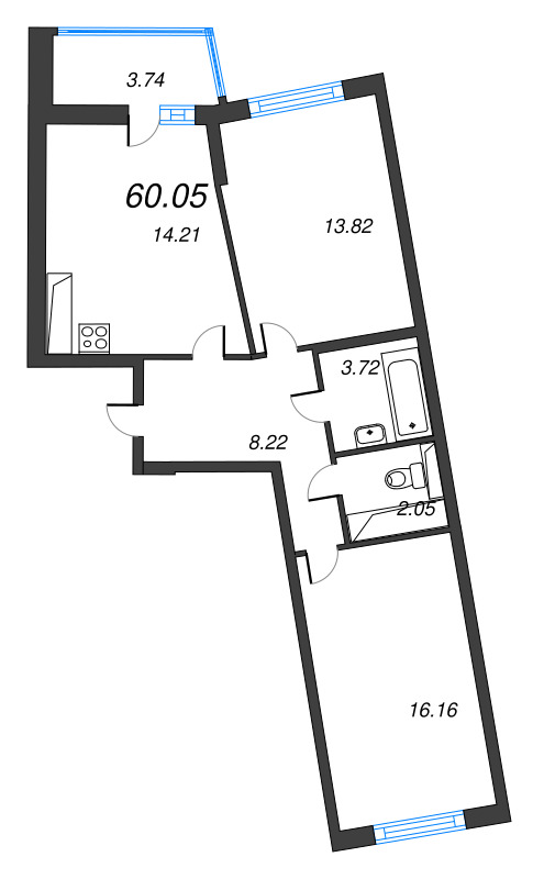 3 ккв (Евро) 60,1 м²