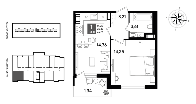 1 ккв 36,8 м²