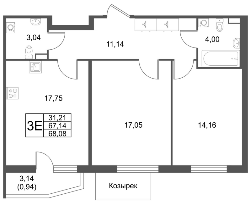 3 ккв (Евро) 68,1 м²
