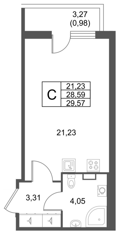 Студия 29,6 м²