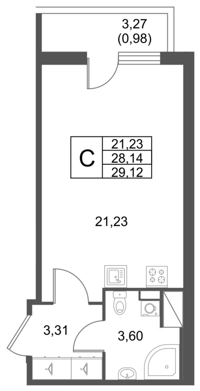 Студия 29,1 м²