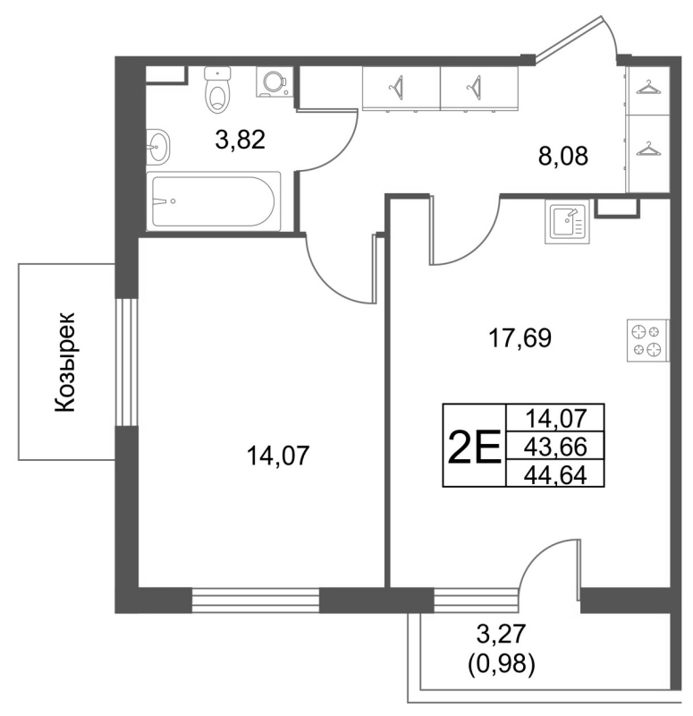 2 ккв (Евро) 44,6 м²