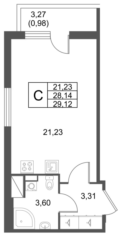 Студия 29,1 м²