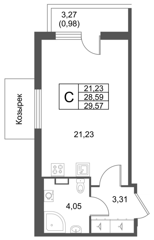 Студия 29,6 м²