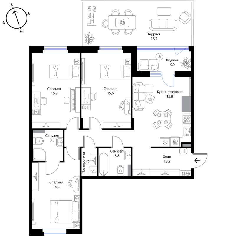 4 ккв (Евро) 91,6 м²