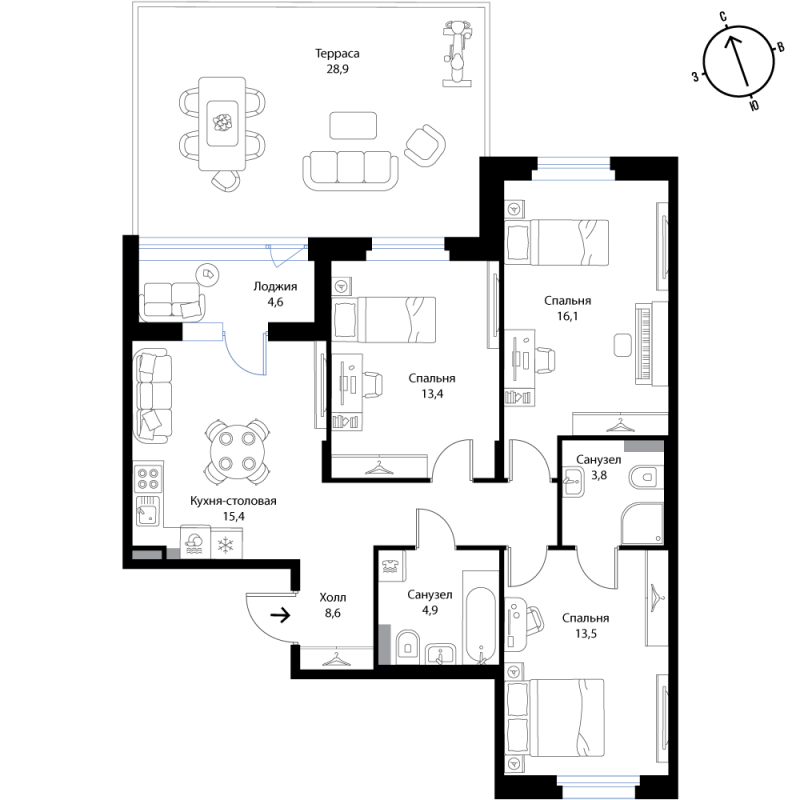 4 ккв (Евро) 86,7 м²